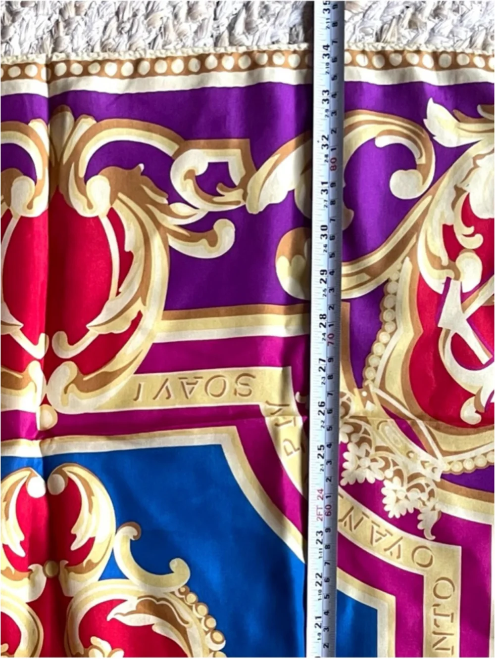 Vintage Italian Silk Scarf Baroque Tile Print Gold Red Blue Ornate Square
